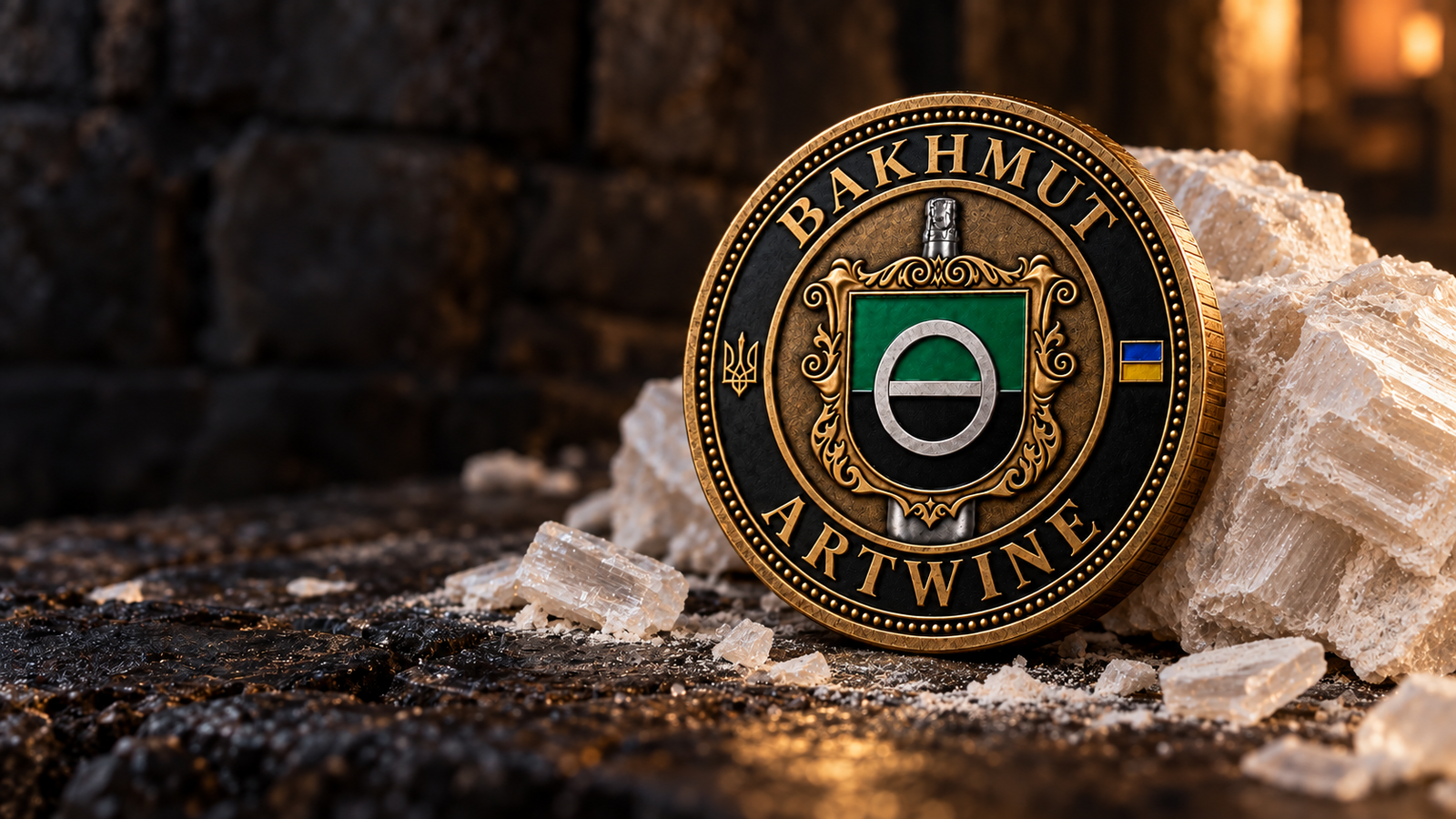 Bakhmut coin face resting against pale layered gypsum, lit in warm gold.