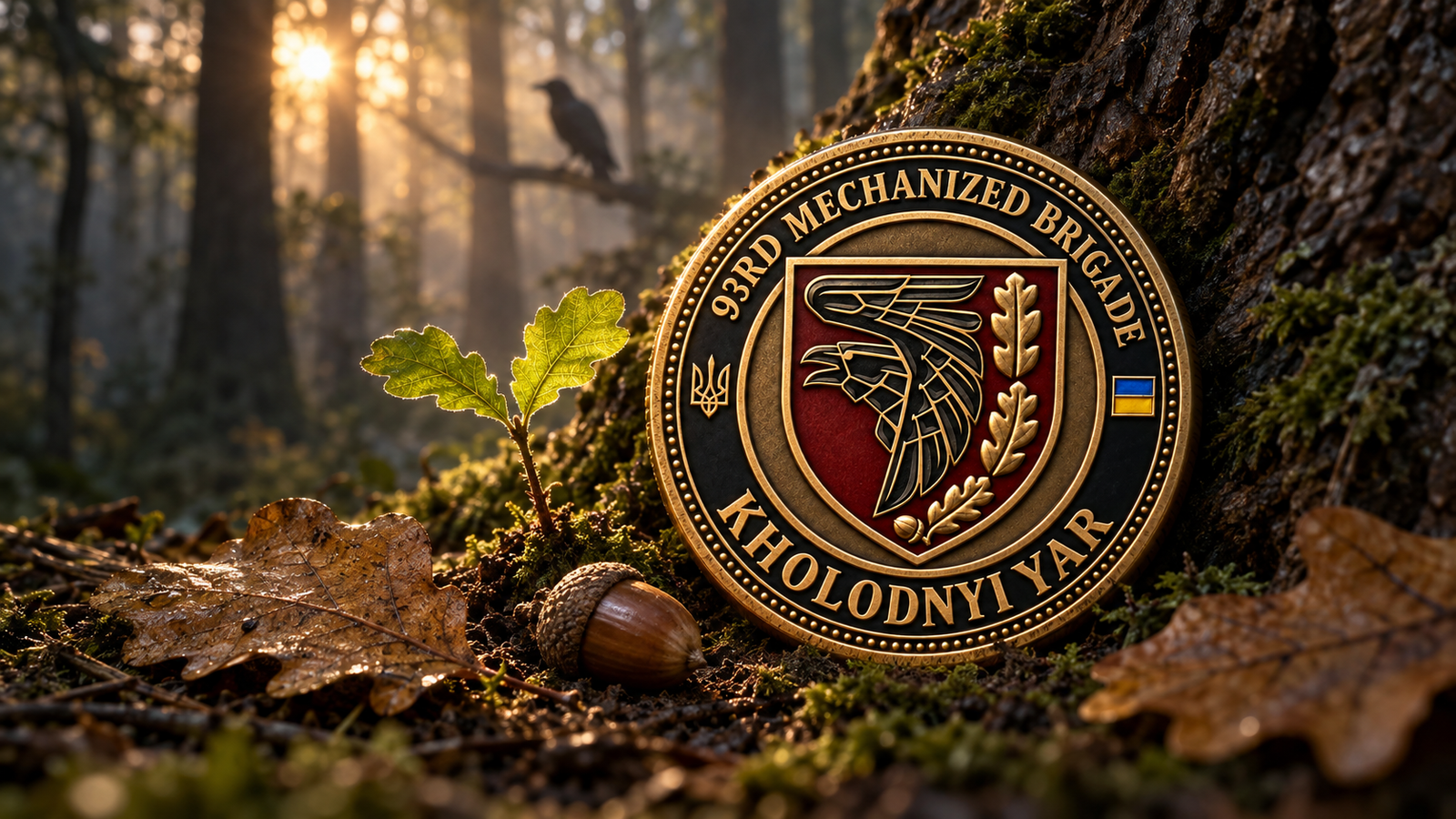 93rd coin beside an acorn and young oak seedling, with a raven in the misty forest background.