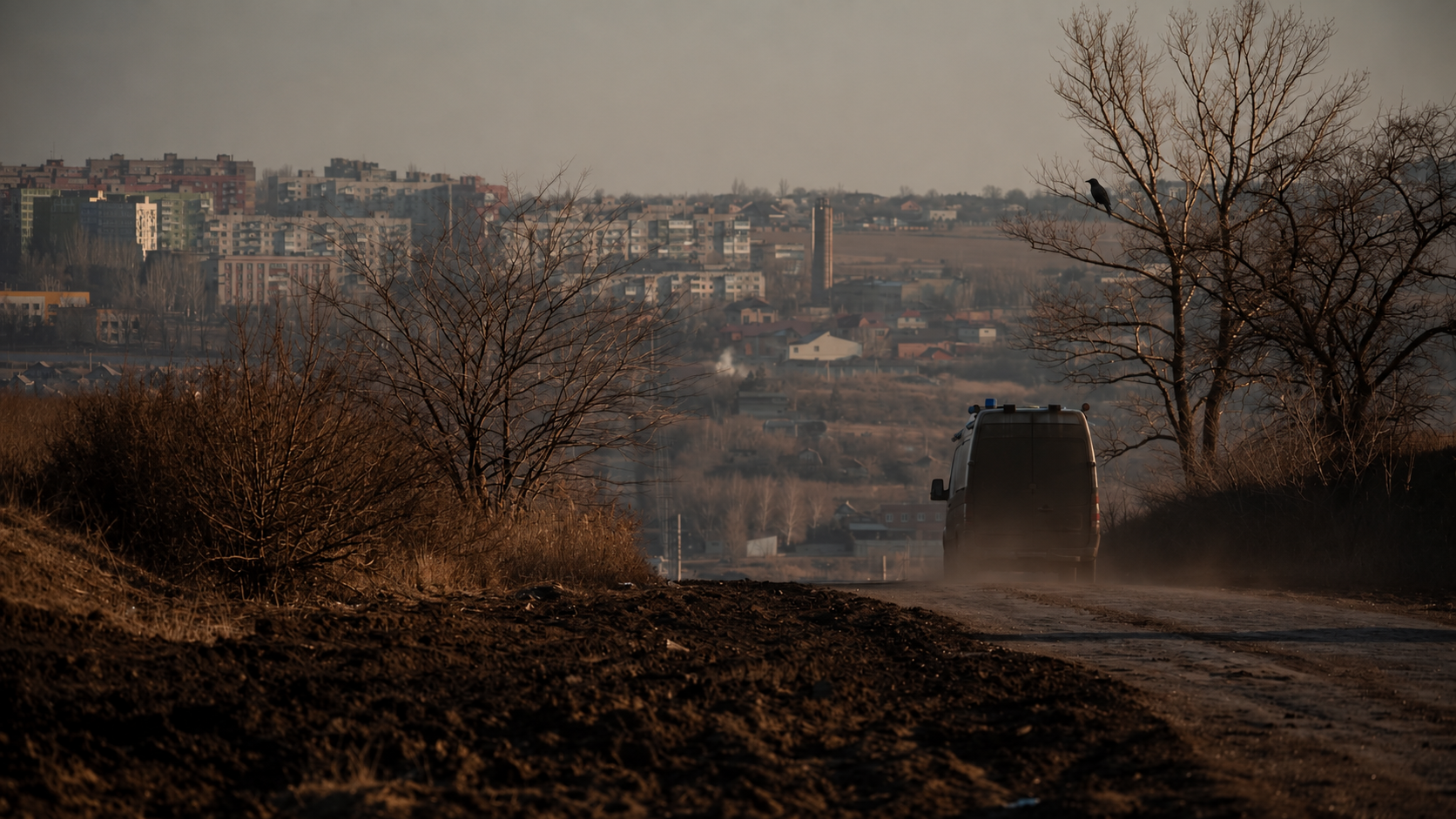 Original photograph looking across Bakhmut from a hillside road, edited with a small raven in the right-hand tree.