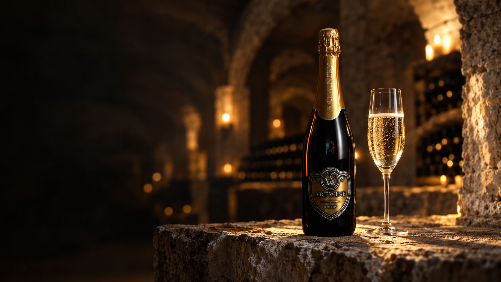 Artwine White Sec bottle and sparkling wine glass on a stone ledge in an artistically imagined cellar.